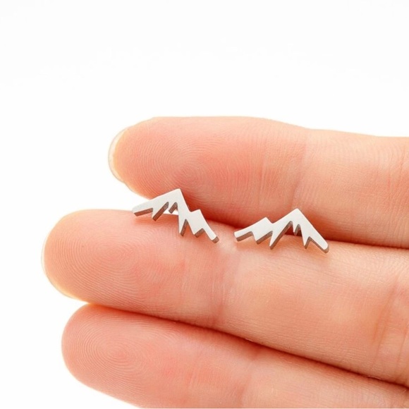 “Mountainscape” Mountains Icecap Peak Hike Climb Vegan Dainty Silver Steel Studs - Picture 2 of 3